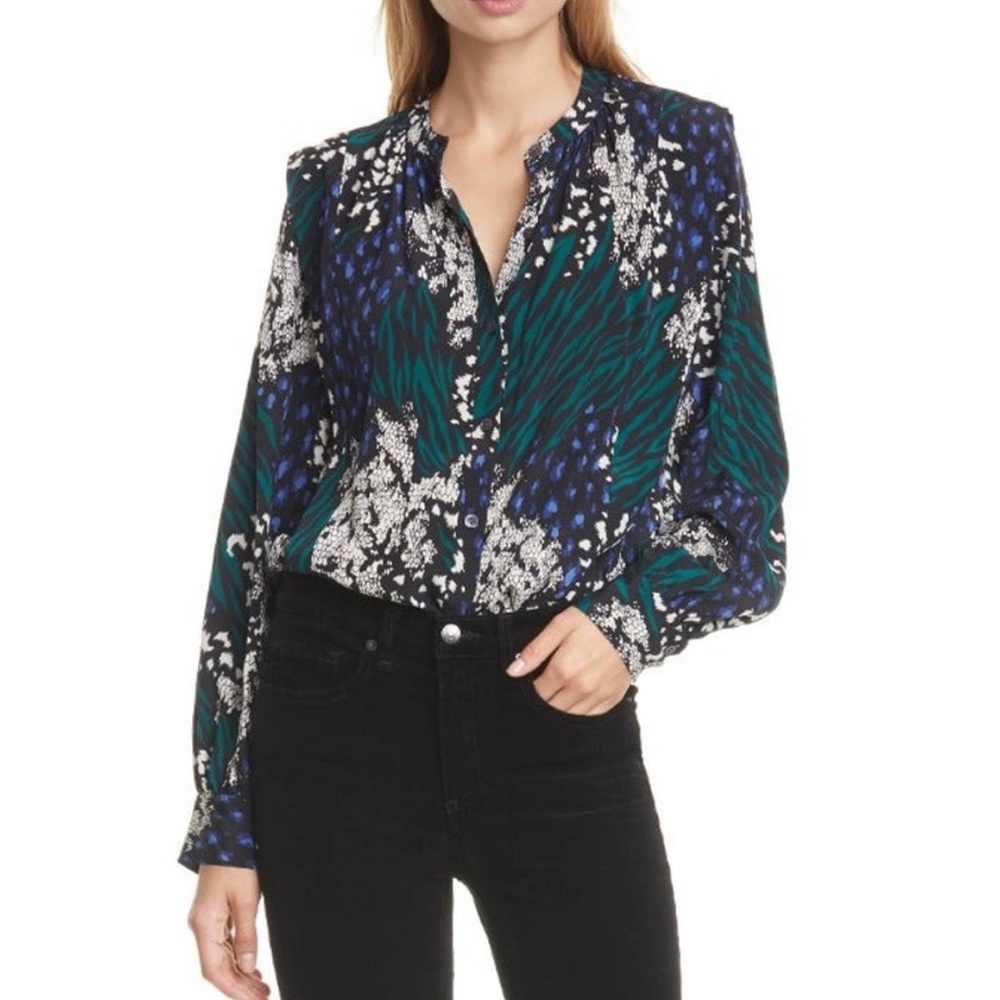 Veronica Beard blouse top shirt 2 buckley black multi color silk $425